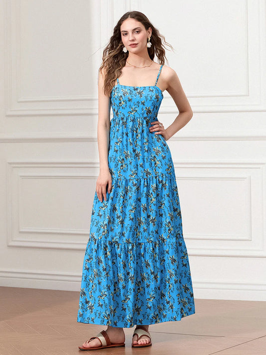 Spaghetti Strap Ruched Backless A-Line Beach Vacation Floral Dress Blue / S floraldress-250126