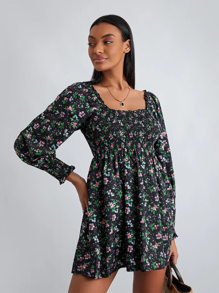 Retro Floral Print Ruffled Trim Square Neck A-Line Short Floral Dress floraldress-250126