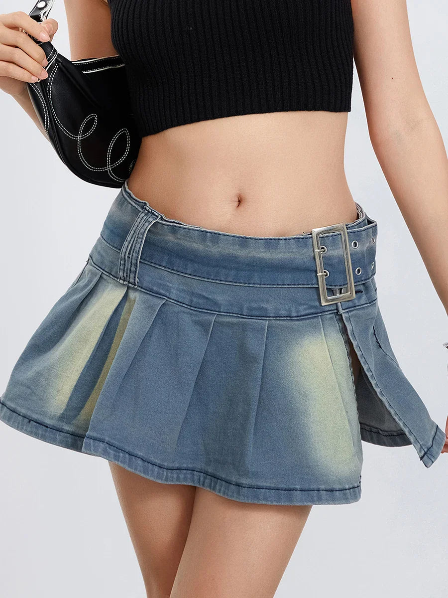 Belted Pleated A-Line Skirt skirts-250223