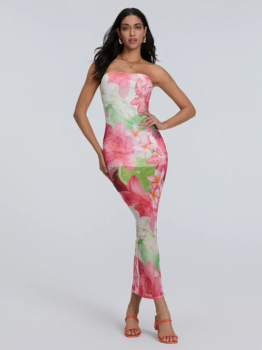 Sexy Strapless Bodycon Off-Shoulder Backless Sheath Floral Night Gown floraldress-250126