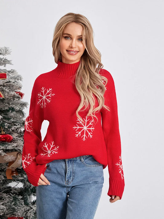 Jacquard Snowflake Long Sleeve Turtleneck Loose Knit Christmas Sweater Red / S Sweaters-L