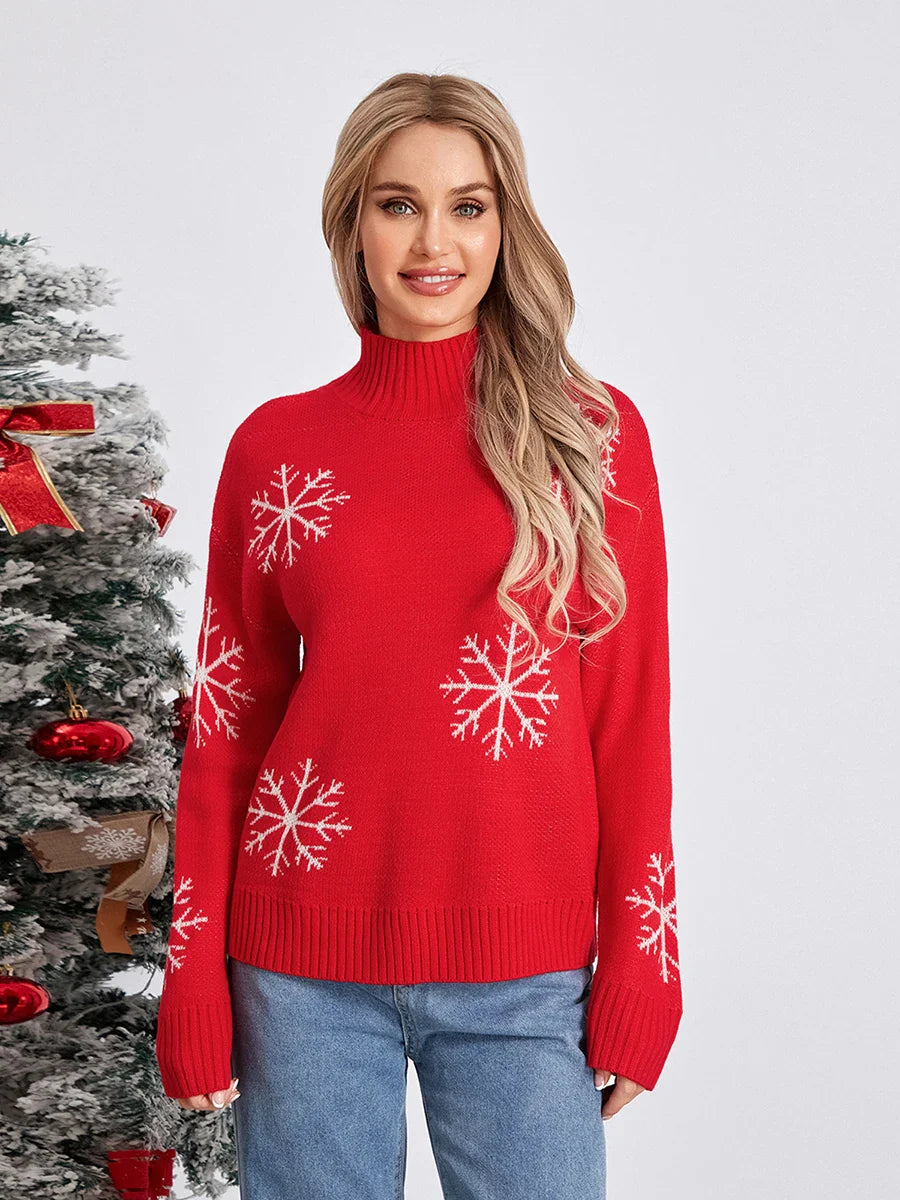 Jacquard Snowflake Long Sleeve Turtleneck Loose Knit Christmas Sweater Sweaters-L