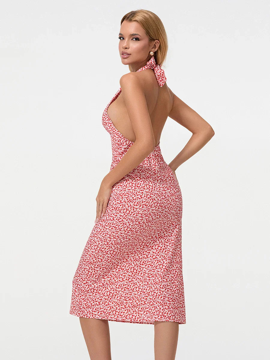 Summer Floral Backless Tie-Up Halter Neck Midi Party Floral Dress floraldress-250126