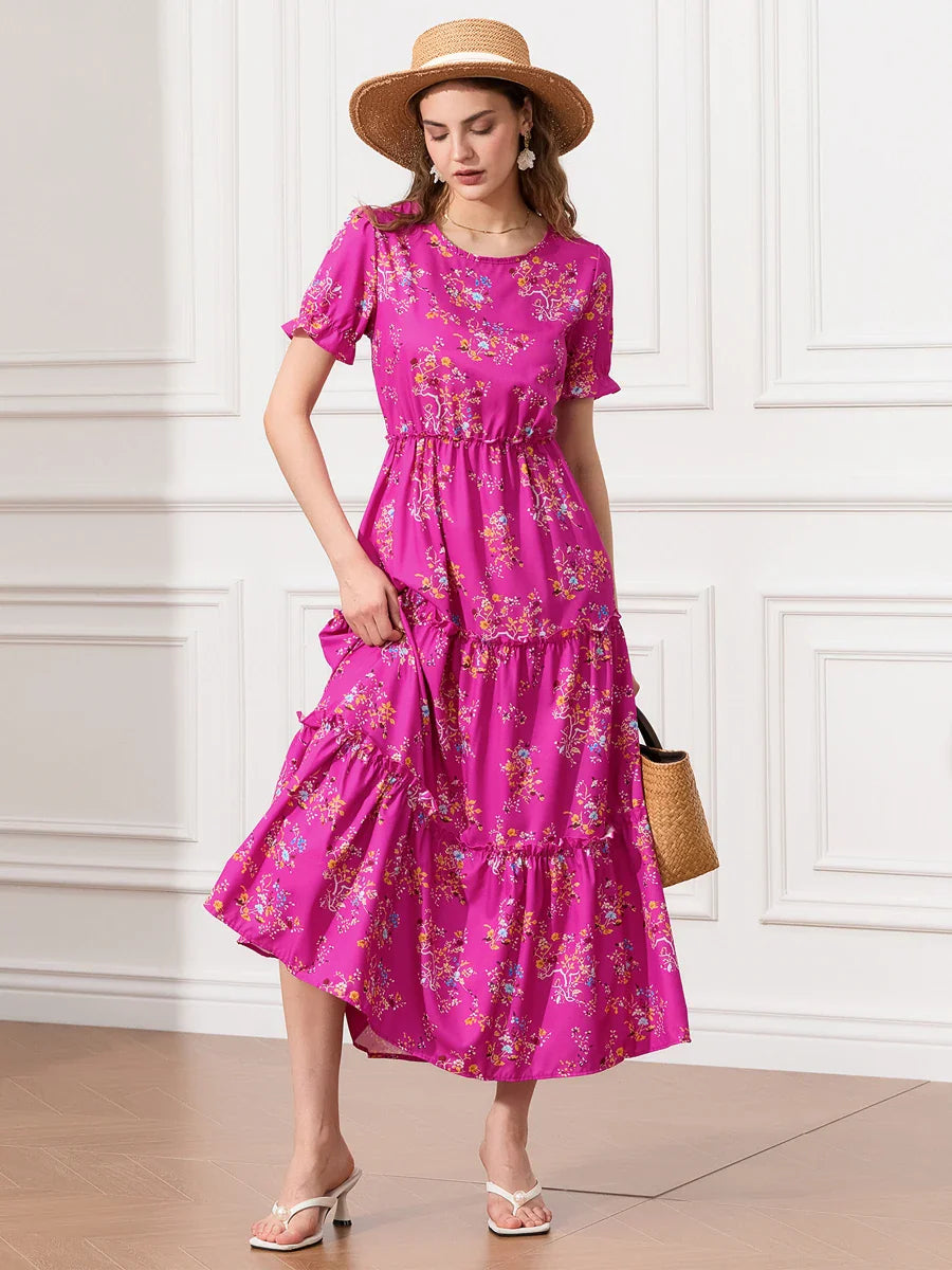 Floral Ruched Tiered Puff Sleeve Pleated Flowy Long Floral Dress floraldress-250126