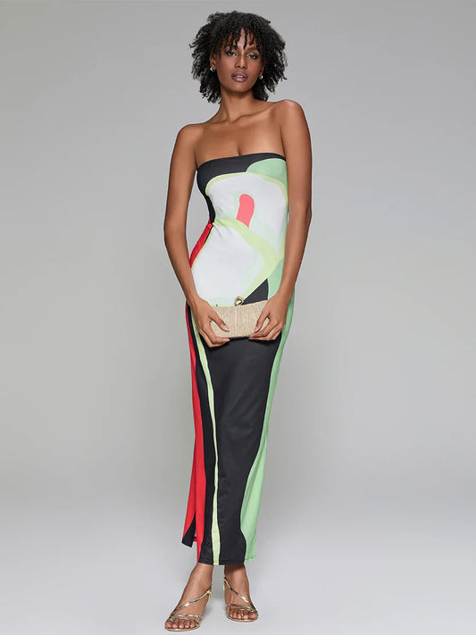 Abstract Print Strapless Side Split Floral Dress floraldress-250126