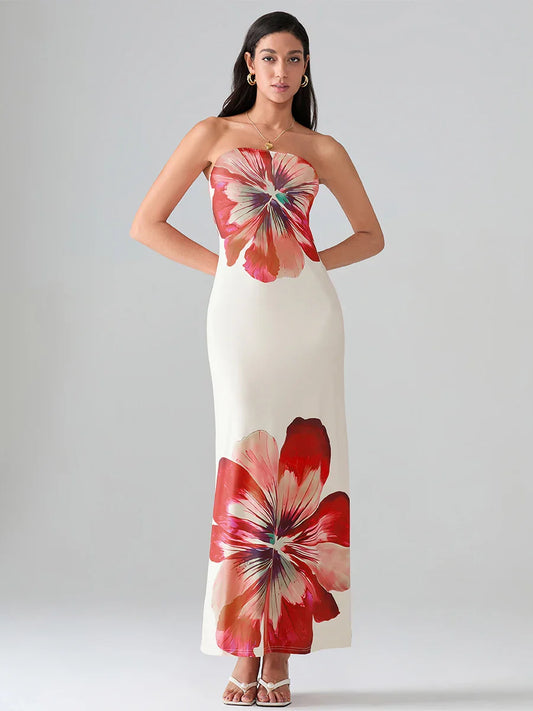 Floral Print Bandeau Strapless Wrap Floral Dress floraldress-250126