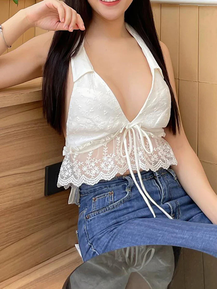 Eyelet Embroidery Halter Lace Ruffle Backless Crop Vest croptop-250126