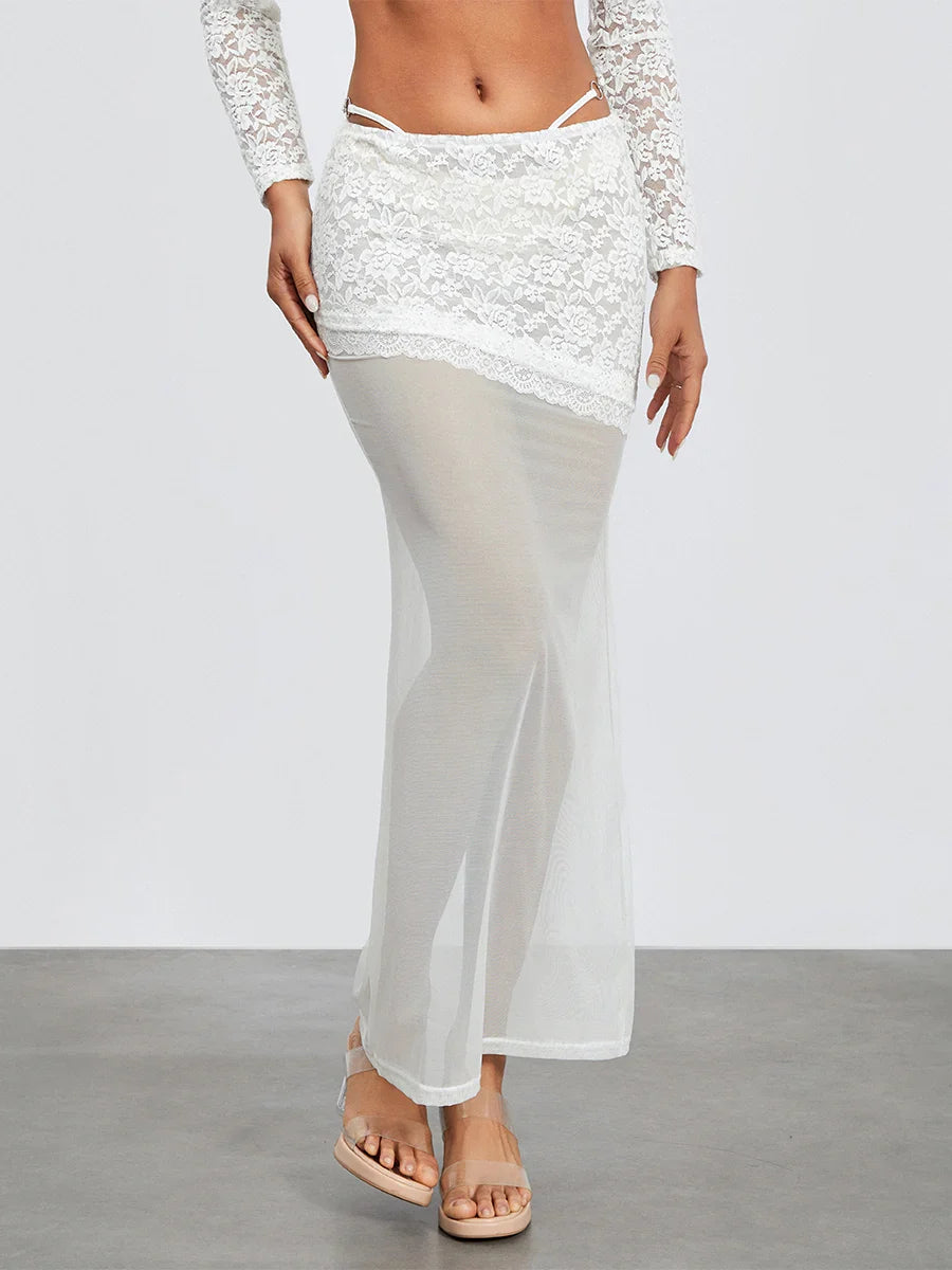 White Lace Patchwork Cropped Shrug Floral Skirt Set floraldress-250126