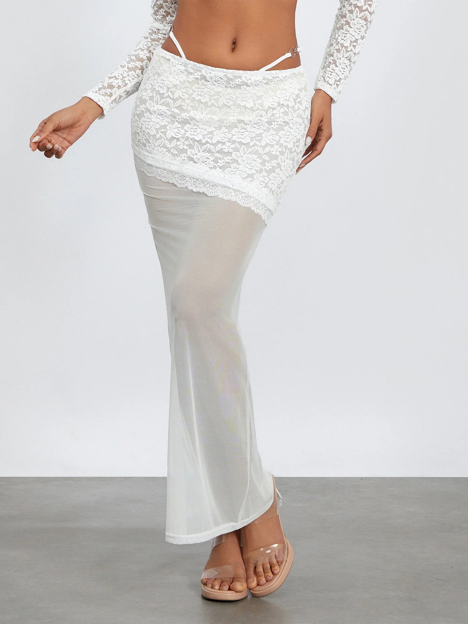 White Lace Patchwork Cropped Shrug Floral Skirt Set WHITE2 / S floraldress-250126