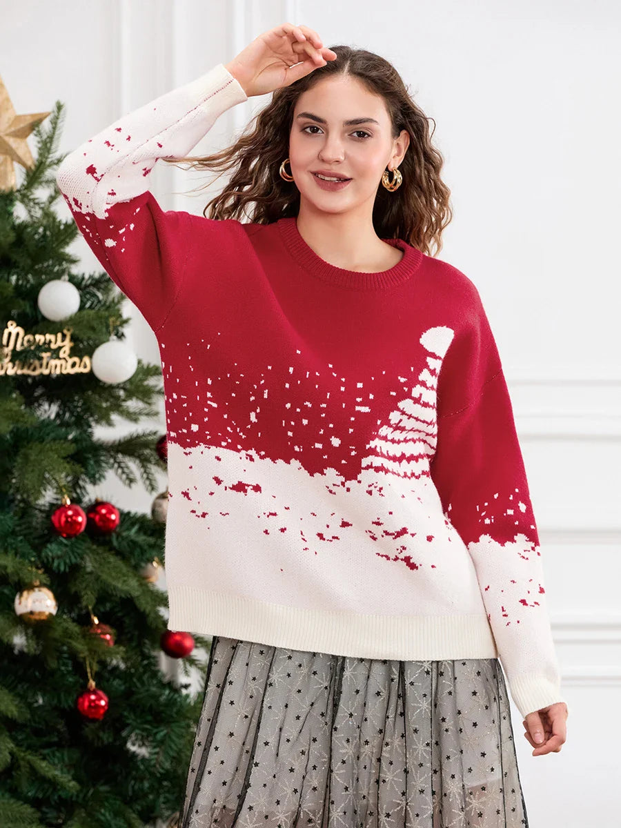 Classic Snowflake Christmas Tree Print Crew Neck Warm Pullover Sweater Sweaters-L