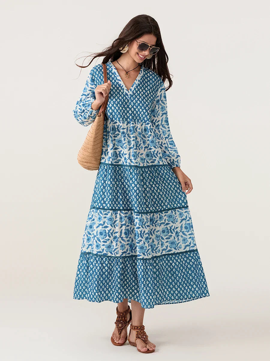 Autumn Floral Long Sleeve V-Neck Loose A-Line Floral Dress floraldress-250126
