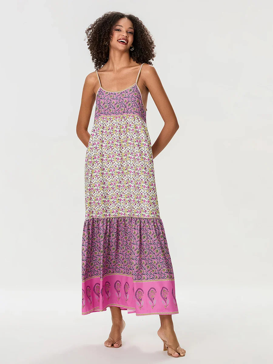 Bohemian Floral Spaghetti Strap Ruched Floral Dress floraldress-250126