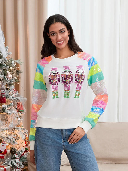 Cute Casual Autumn Patchwork Long Sleeve Sequined Christmas Sweater White1 / S Sweaters-L