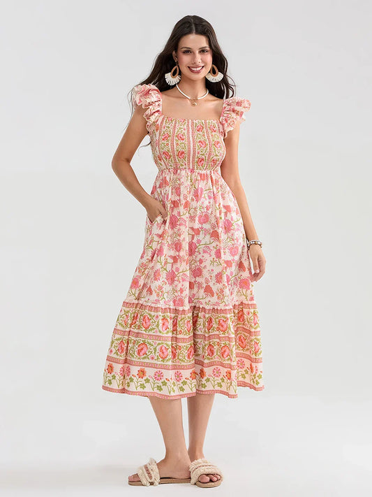 Floral Dot Print Shirred Square Neck Ruffled Flowing Beach Floral Dress floraldress-250126