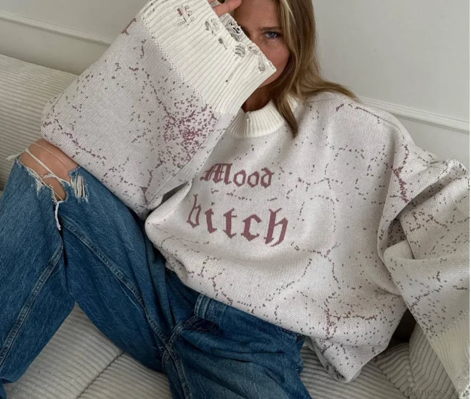 Y2K Baggy Ripped Knit Sweater gray / One Size