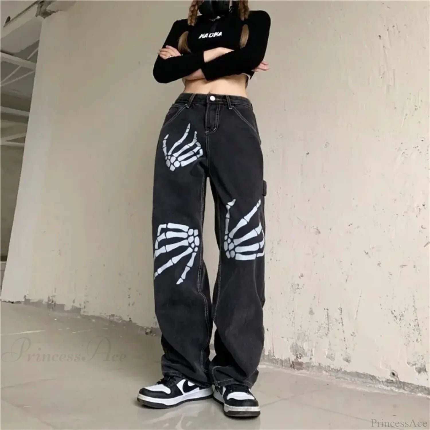 Y2K Black Jeans Print Street Pants Black / S