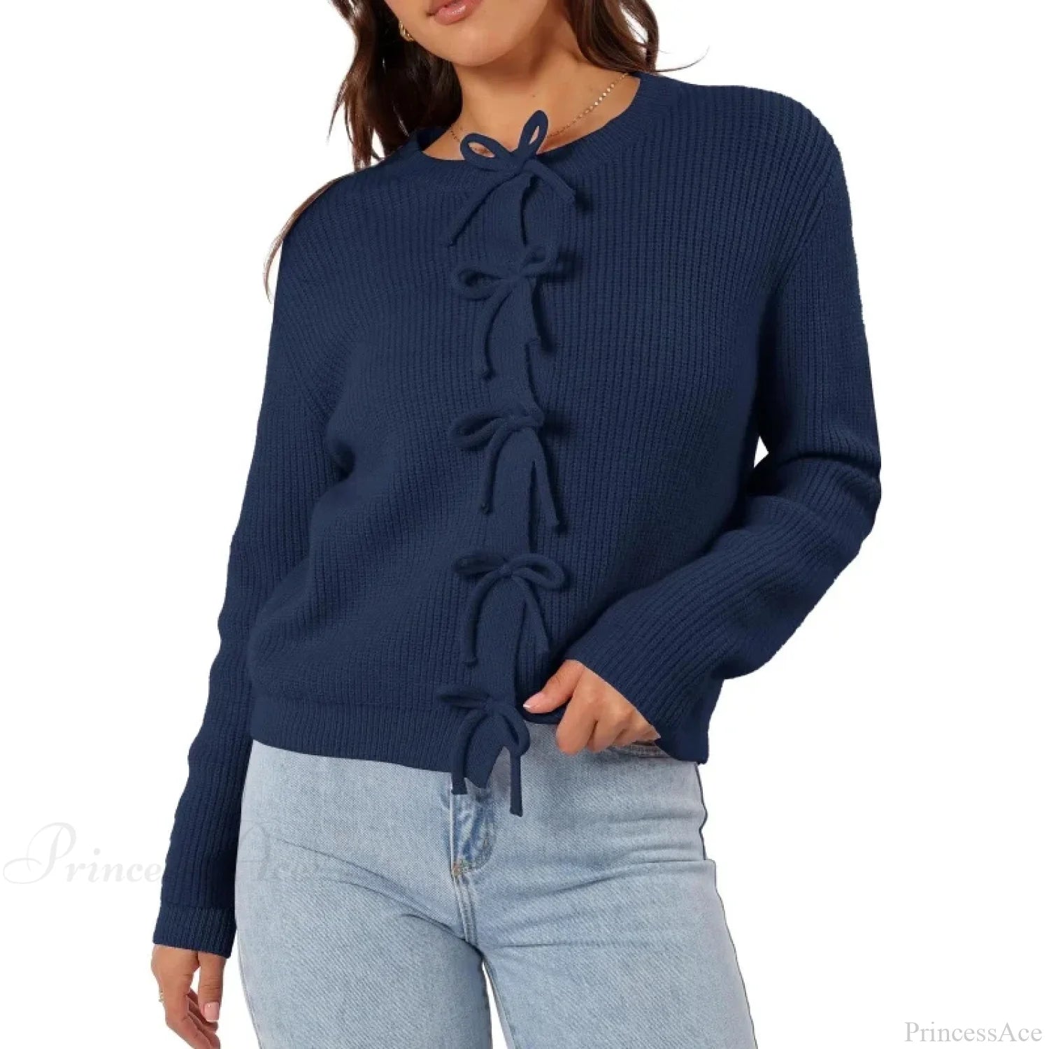 Y2K Bow Front Round Neck Cardigan Dark Blue / S Cardigan-241208