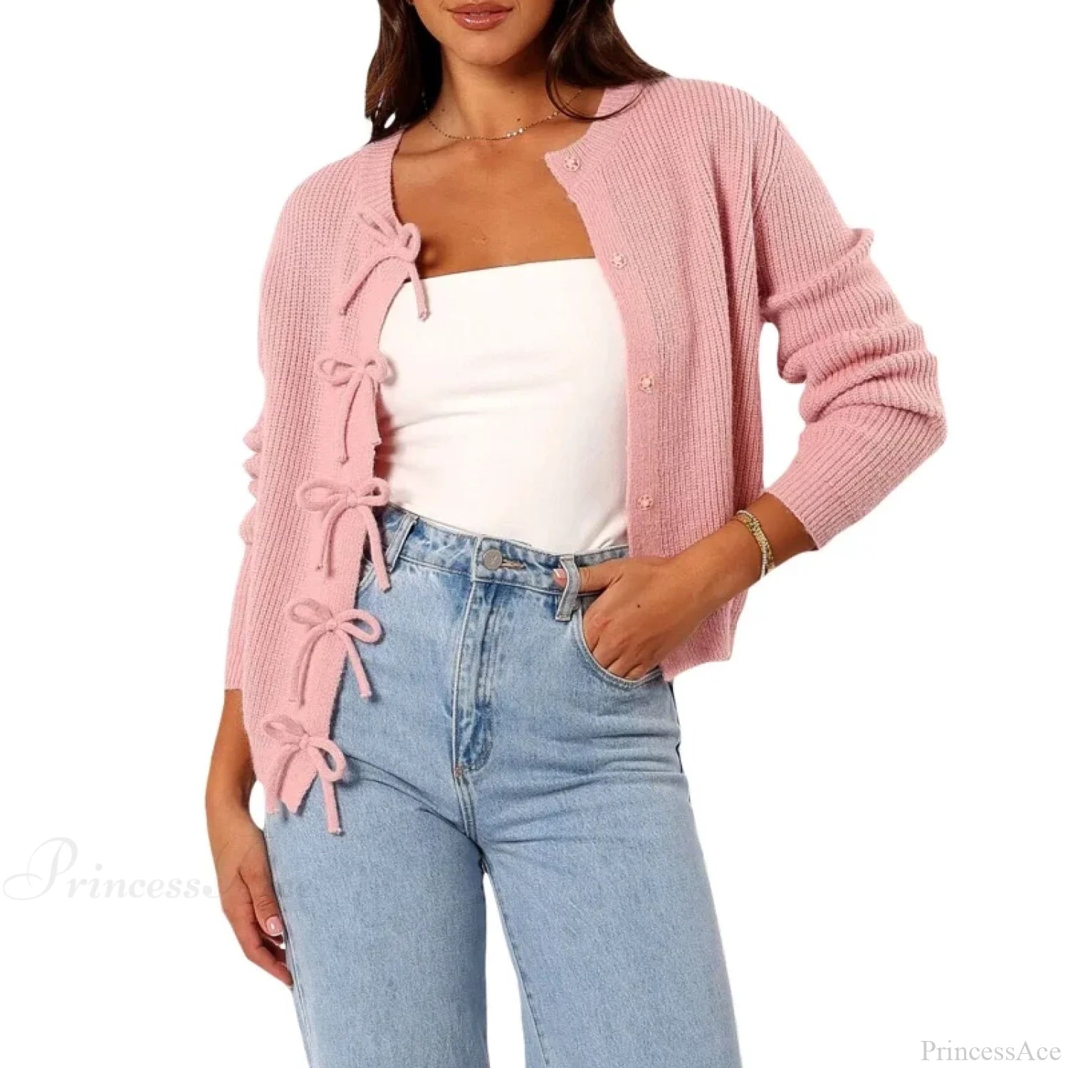Y2K Bow Front Round Neck Cardigan Pink / S Cardigan-241208