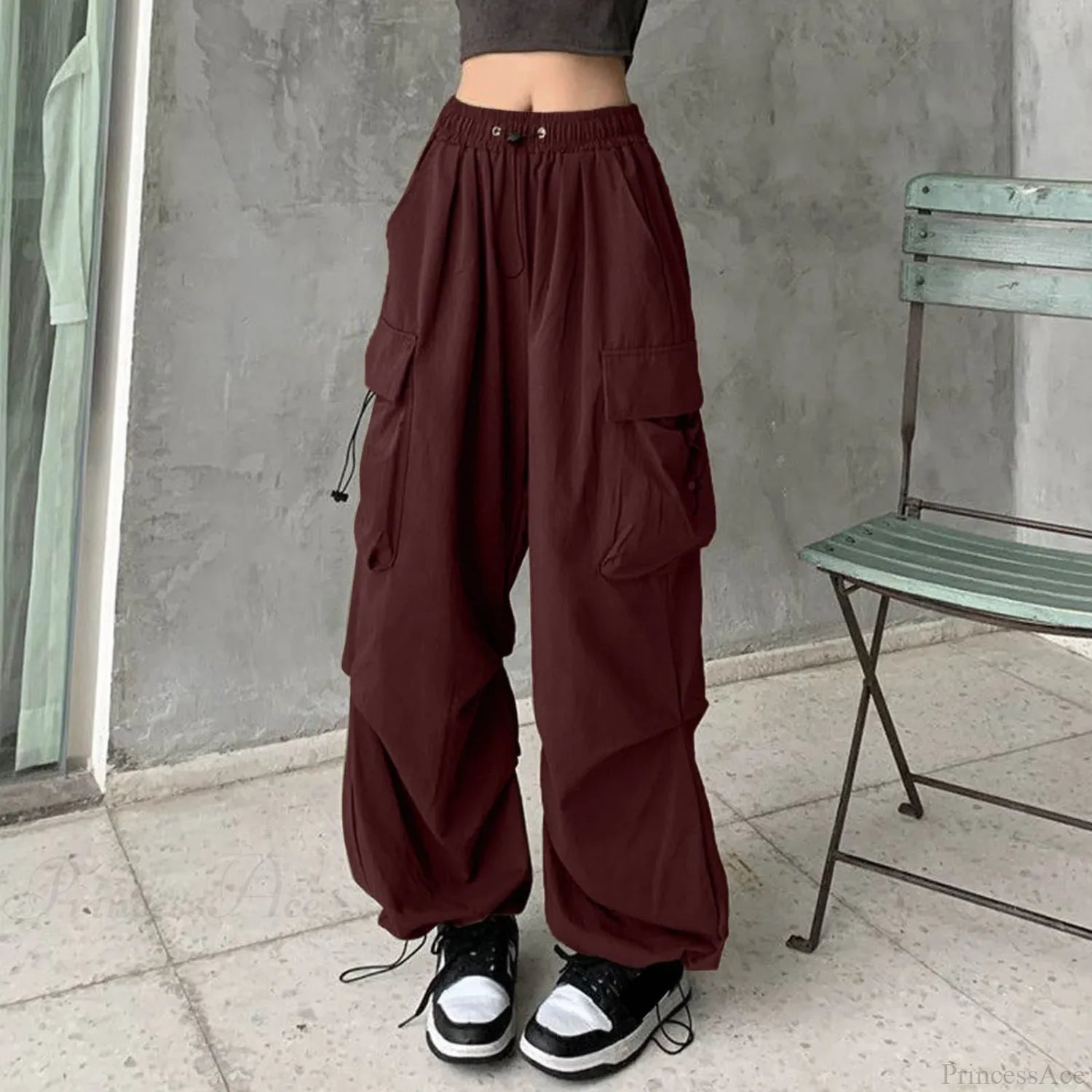 Y2K Cargo Drawstring Pleated Wide Pants red 2 / S