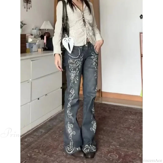 Y2K Embroidery Denim Wide Pants