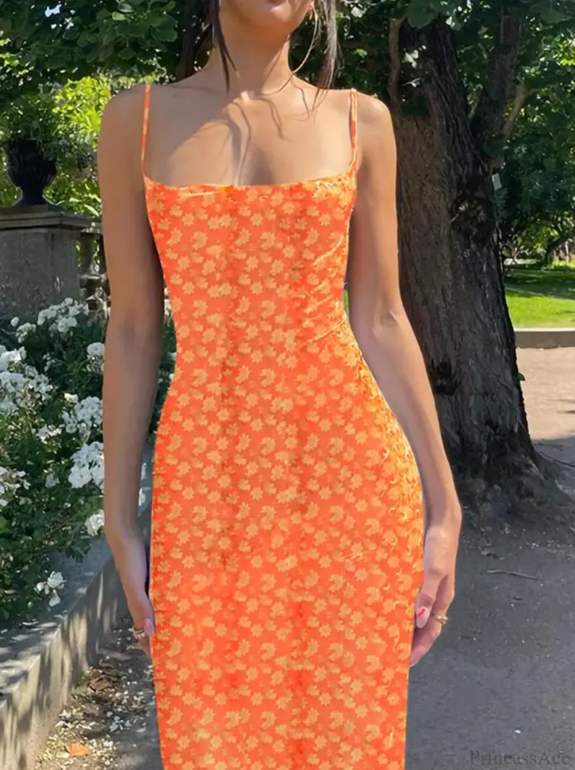 Y2K Floral Print Spaghetti Strap Backless Summer Floral Dress ORANGE / S floraldress-250126