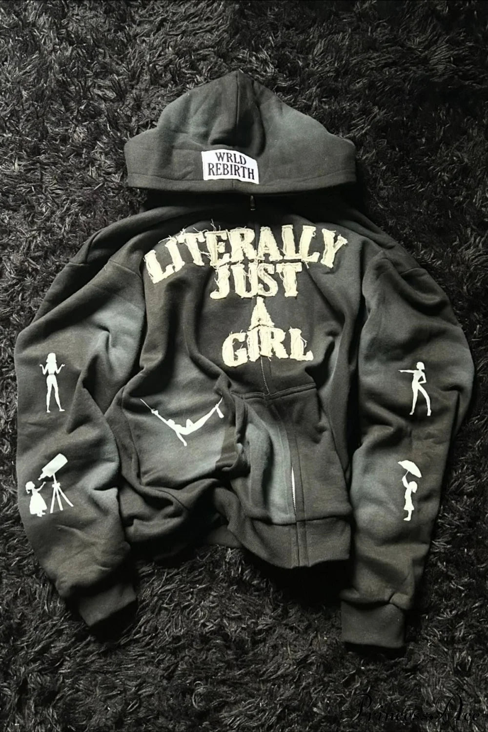 Y2K Hip-Hop 3D Letter Print Loose Zip Hoodie Black / XS