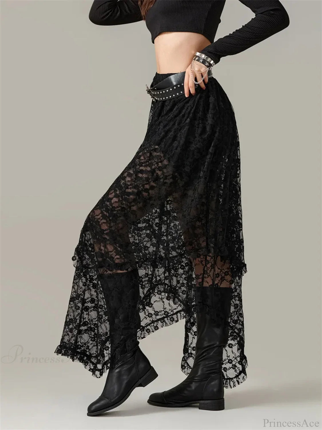Y2K Lace Mesh See Through High Waist Asymmetrical Skirt skirt-250126