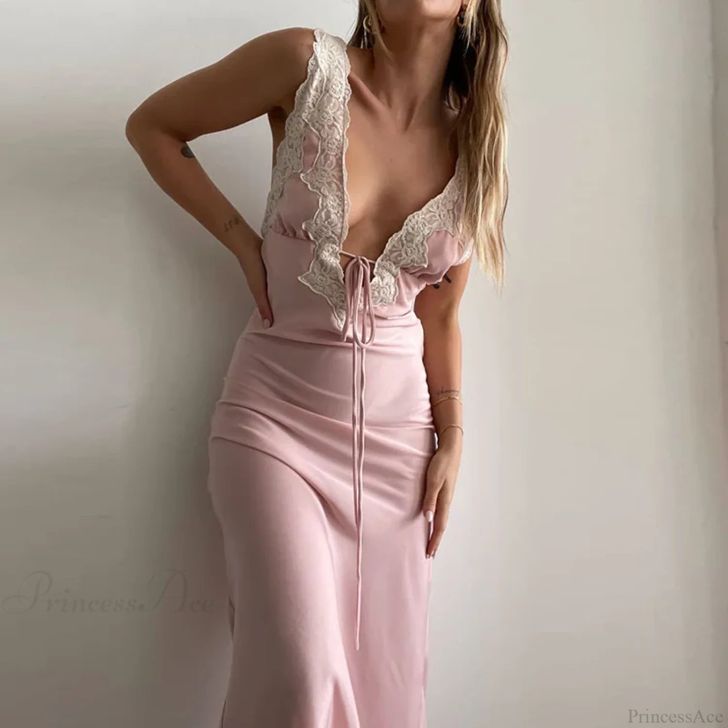 Y2K Lace Trim Long Vacation Dress pink / S vacationdress-250223