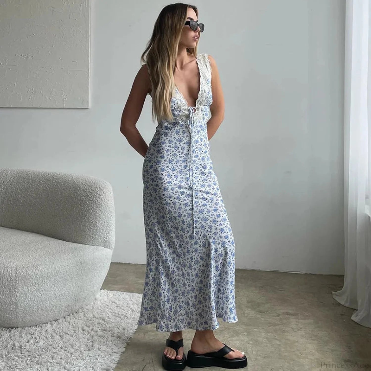 Y2K Lace Trim Long Vacation Dress vacationdress-250223