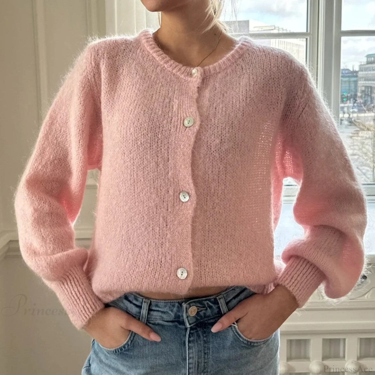 Y2K Long Sleeve Pullover Knit Casual Cardigan pink / S cardiagn-250126