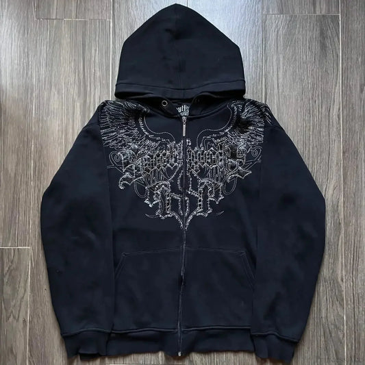 Y2K Mysterious Needlework Zipper Hoodie black2 / M