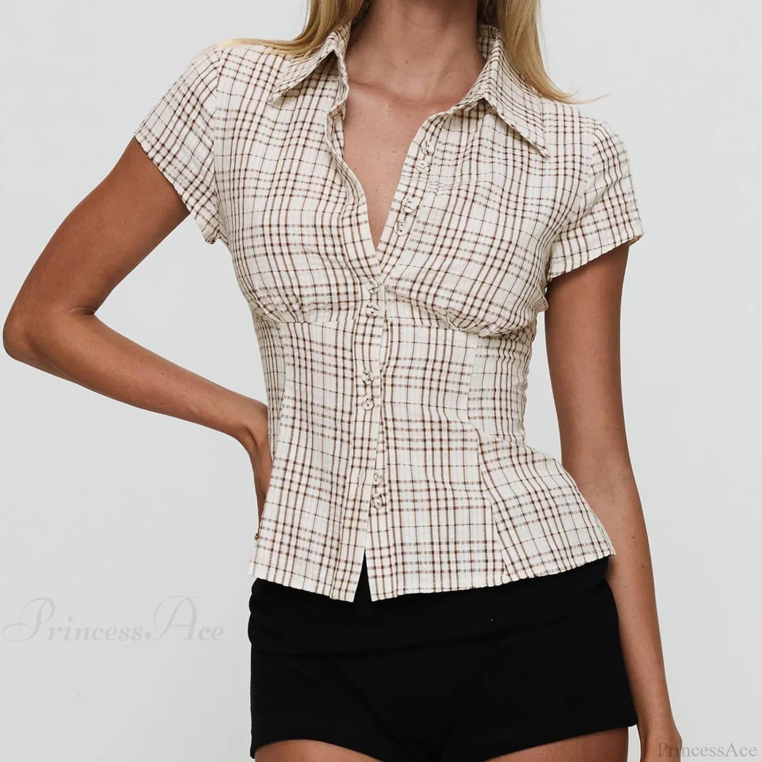 Y2K Plaid Button Down Short Sleeve Blouse blouse-250223
