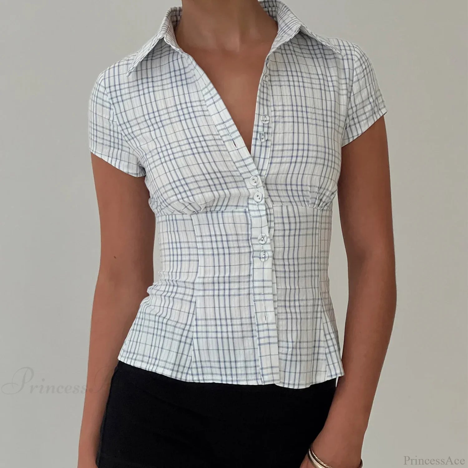 Y2K Plaid Button Down Short Sleeve Blouse Blue / S blouse-250223