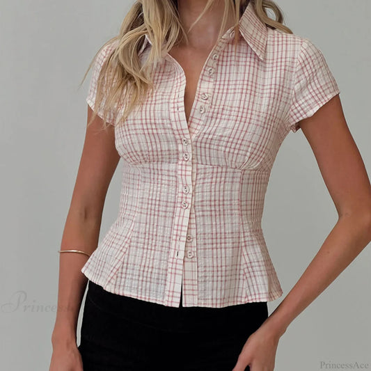 Y2K Plaid Button Down Short Sleeve Blouse Pink / S blouse-250223