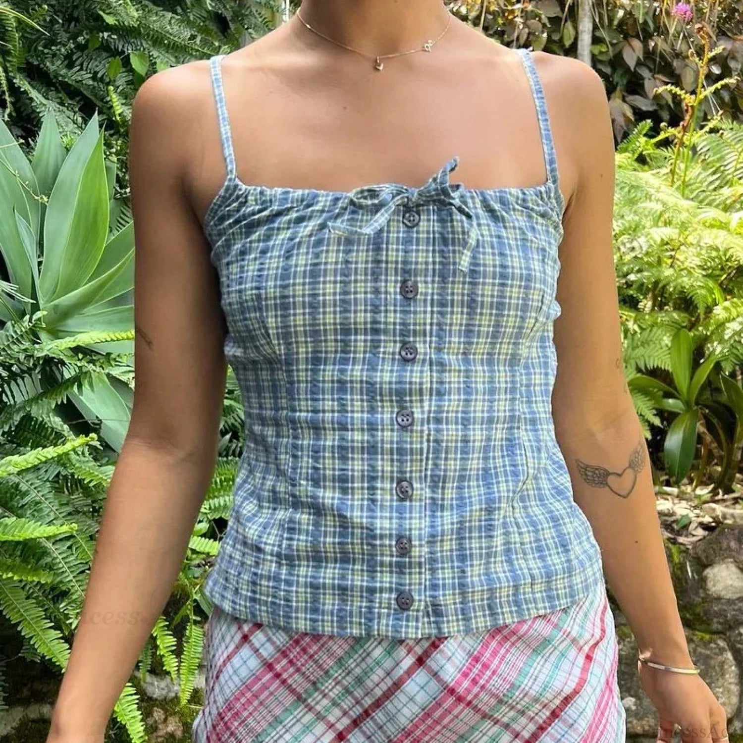 Y2K Plaid Print Sleeveless 00s Aesthetic Front Button Retro Backless Slim Fit Crop Top BLUE / S croptop-250126