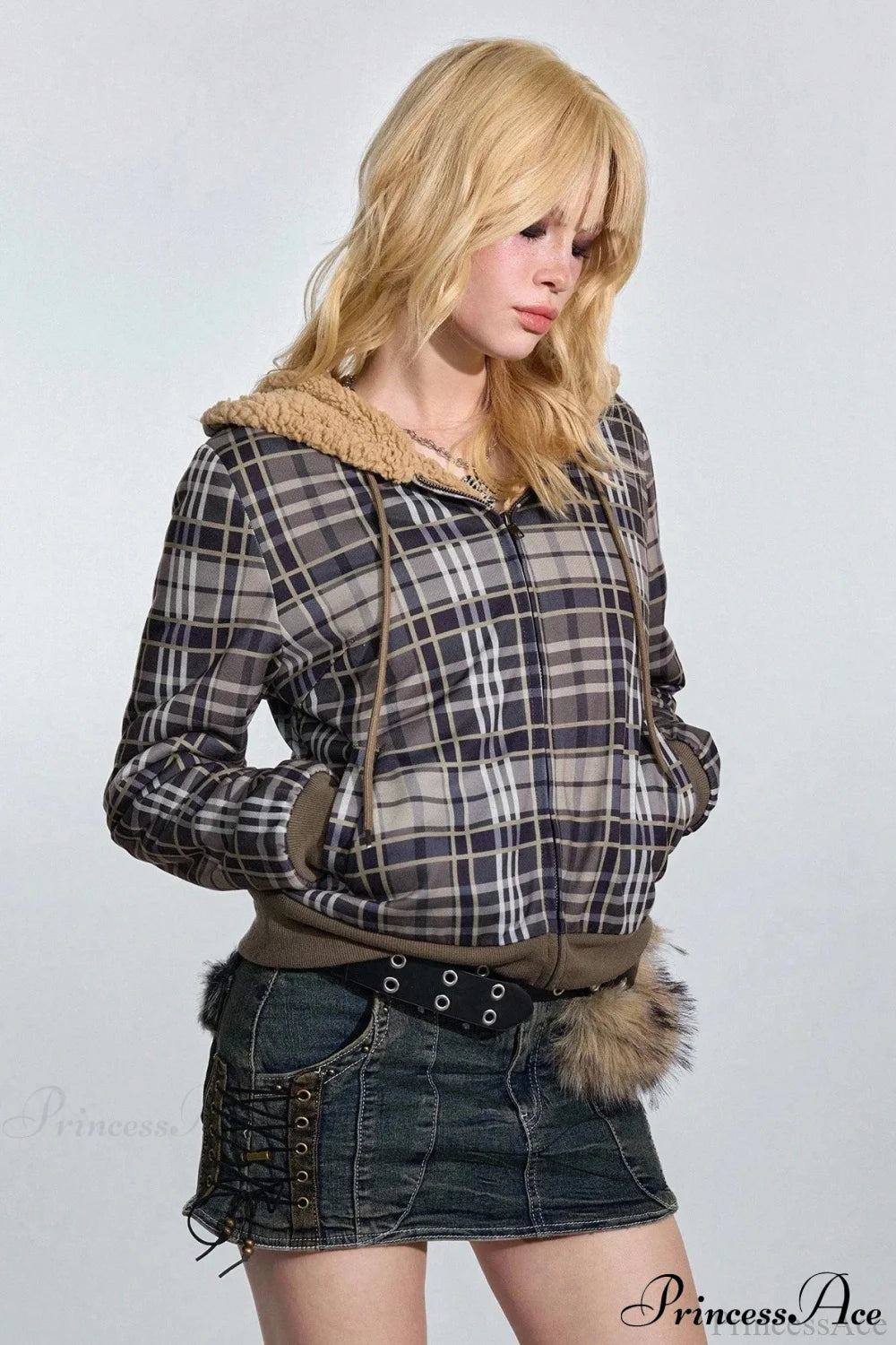 Y2K Plaid Sherpa Fleece Hoodie