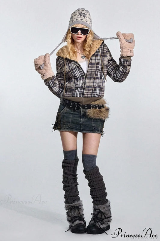 Y2K Plaid Sherpa Fleece Hoodie