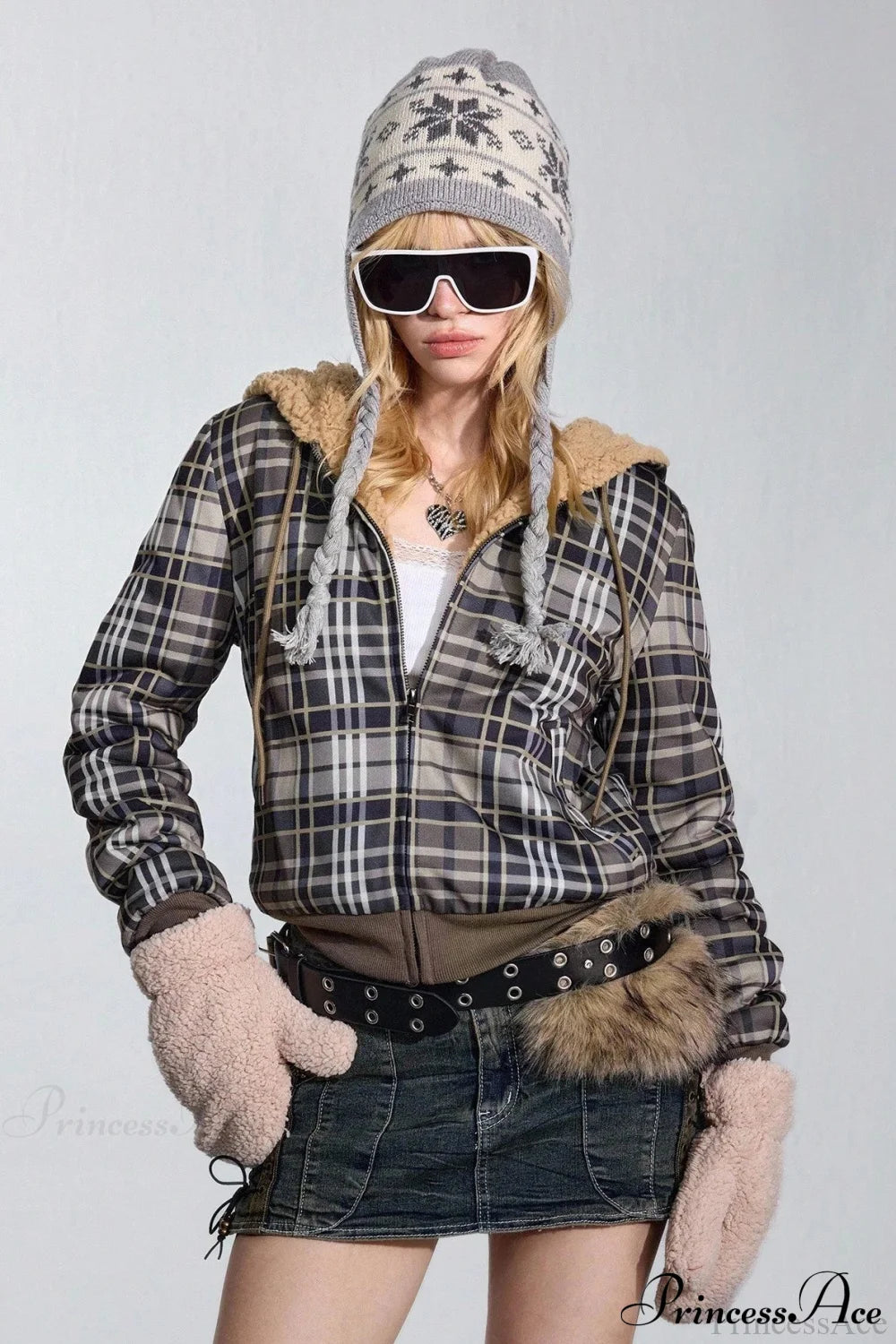 Y2K Plaid Sherpa Fleece Hoodie Gray / S