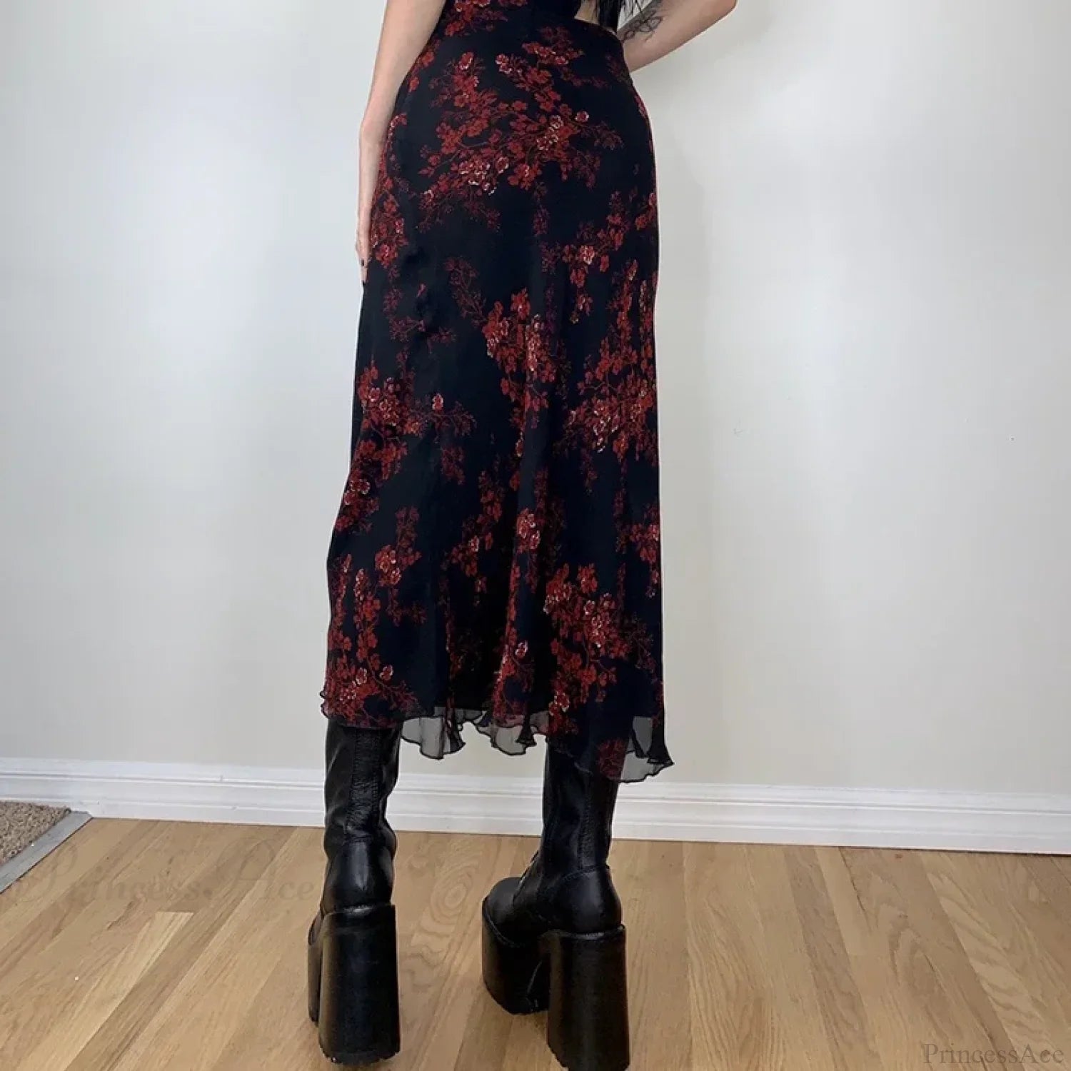 Y2K Retro Floral Printed High Waist Ruffled Women’s Long Skirt skirt-250126