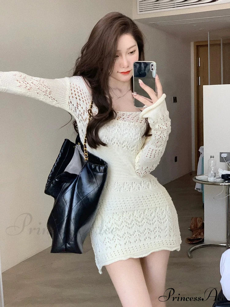 Y2K Sexy Gown Korea Mini Slim Brief Fashion Elegant Long Arm Lace Party Knitted Women Vintage