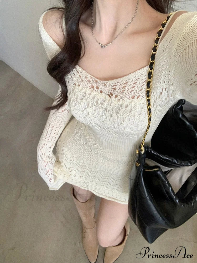 Y2K Sexy Gown Korea Mini Slim Brief Fashion Elegant Long Arm Lace Party Knitted Women Vintage