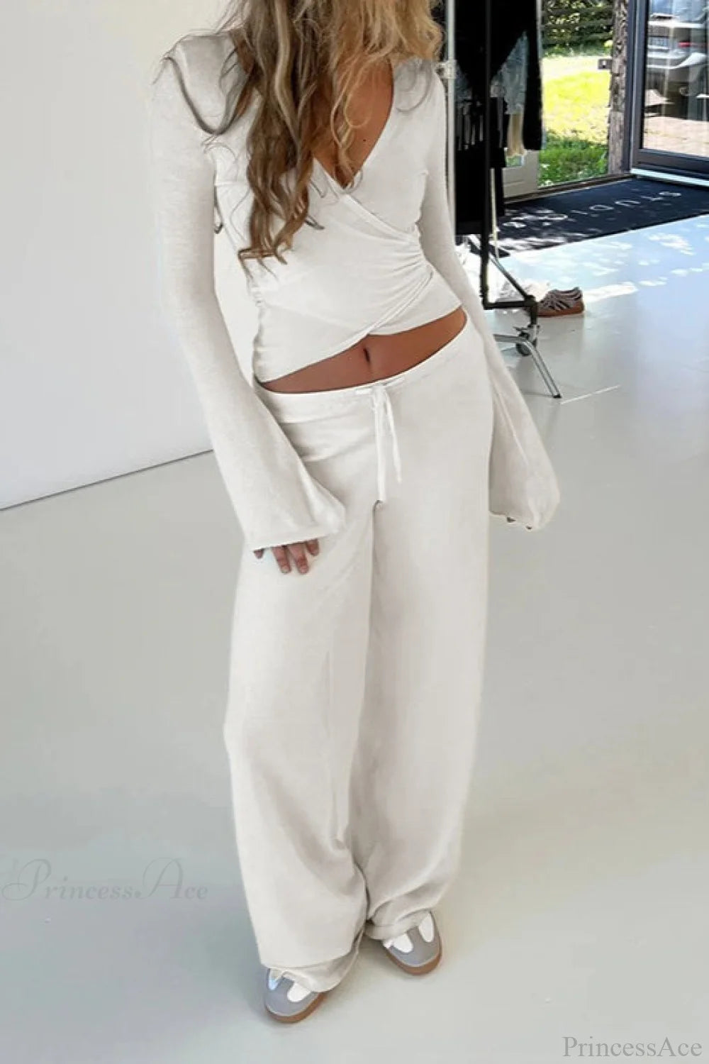 Y2K Sexy V-Neck Fitted Top Casual Pants Two Piece Set White / S