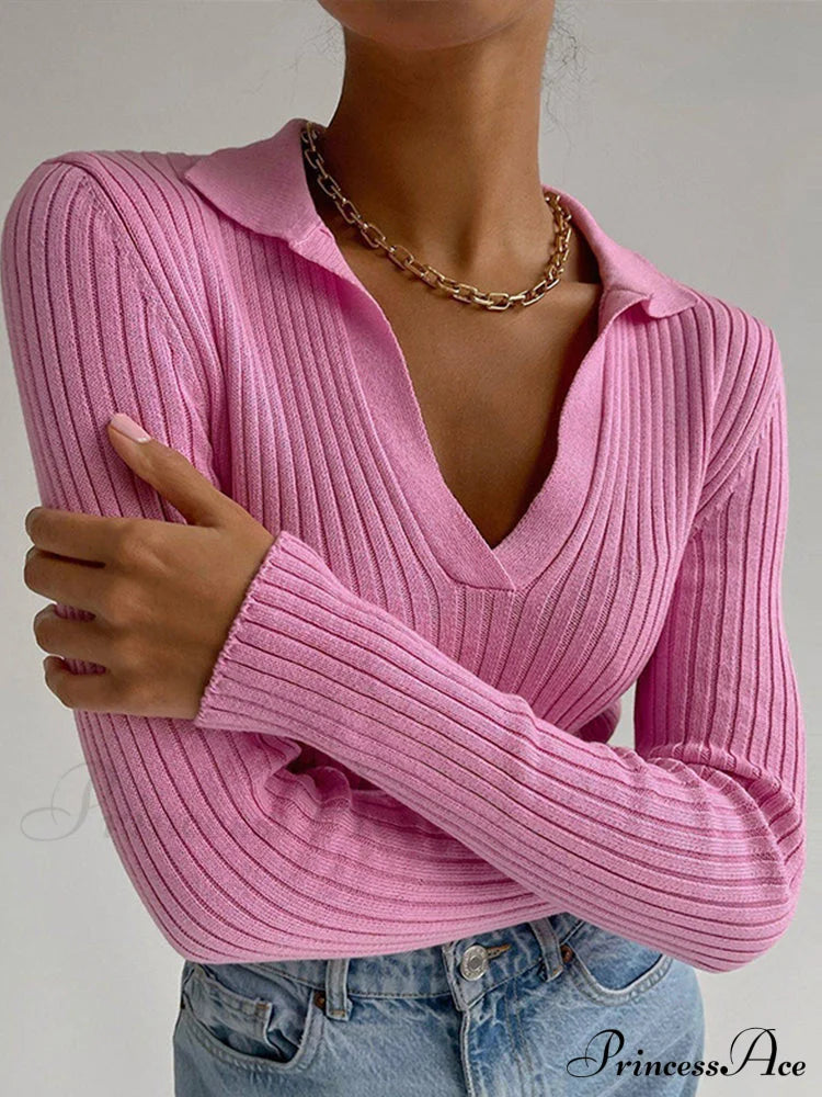 Y2K Solid Color Casual Knitted Sweater Pullover Pink / One Size