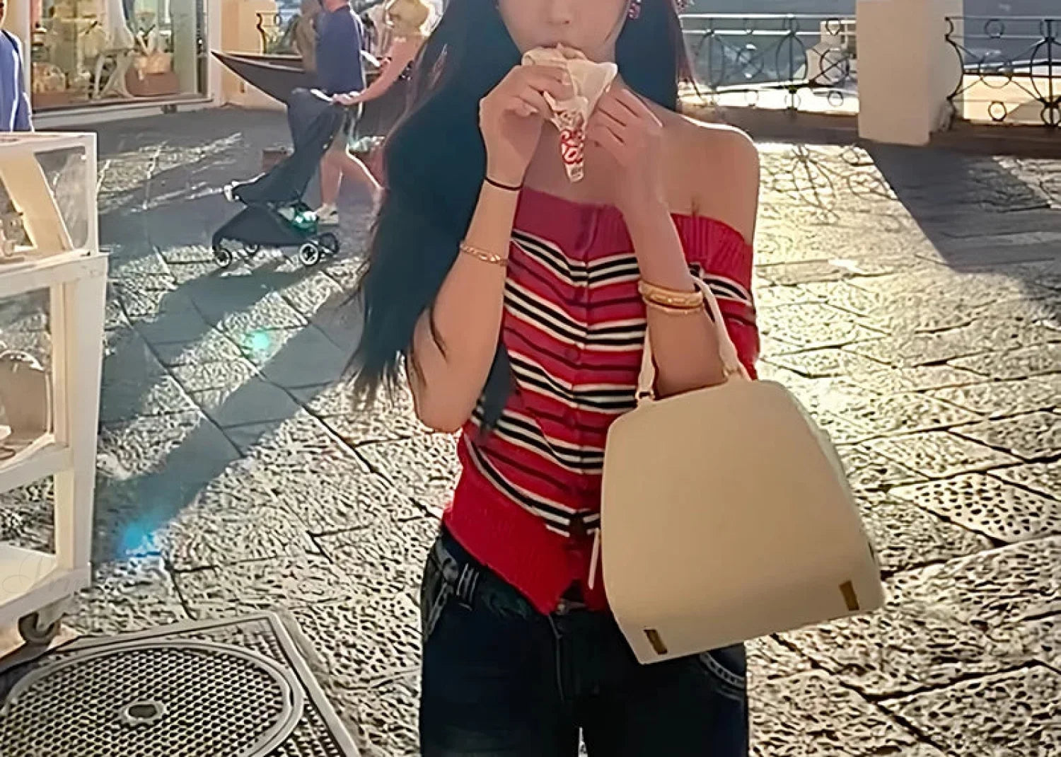 Y2K Striped Knitted Off Shoulder Button-front Sweater Knit Top Red / One Size knittop-250126