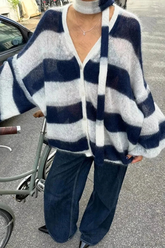 Y2K Striped Loose Cardigan Sweater