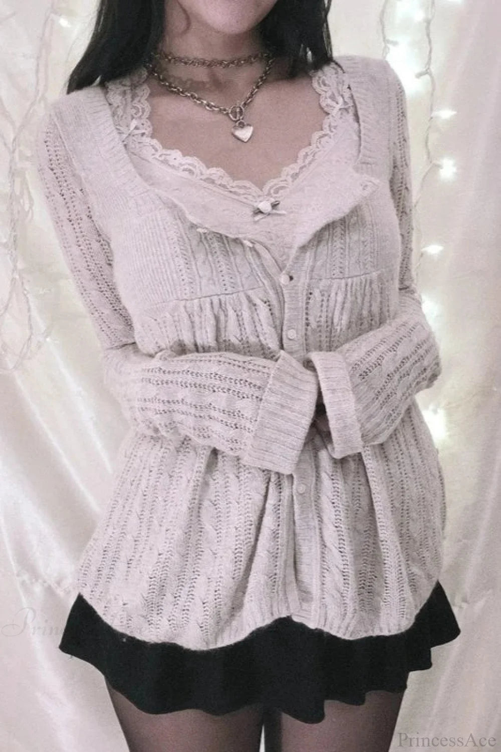 Y2K Sweet Square Neck Cable Knit Button Blouse White / S