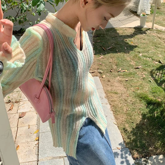 Y2K Vintage Long Sleeve Vertical Stripe Print Knit Top knittop-250126