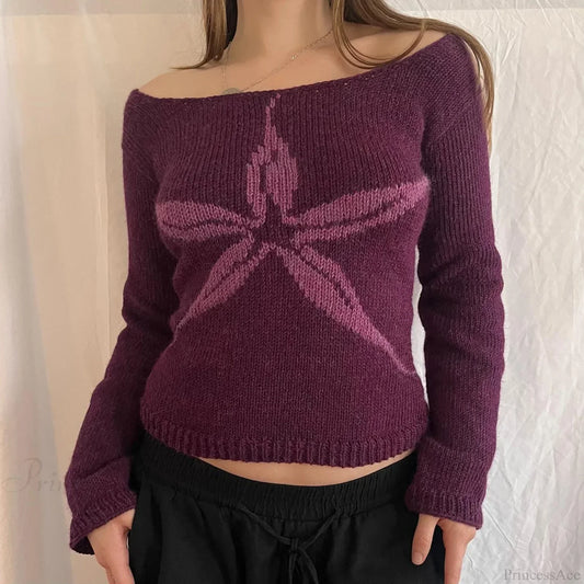 Y2K Vintage Off Shoulder Slim Fit Aesthetic Knit Top Lavender / S knittop-250126