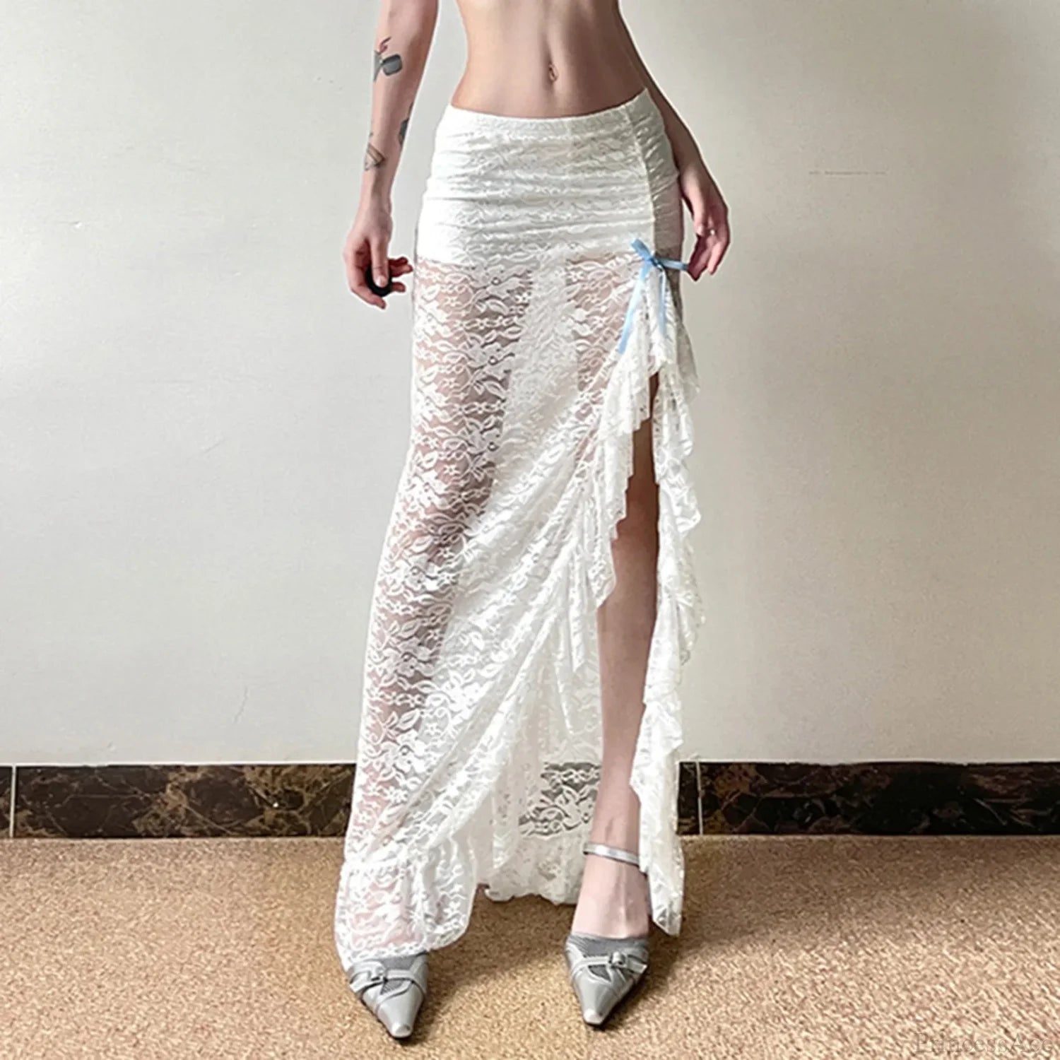 Y2K White Boho Floral Lace Low Waist Maxi Skirt White / S skirt-250126