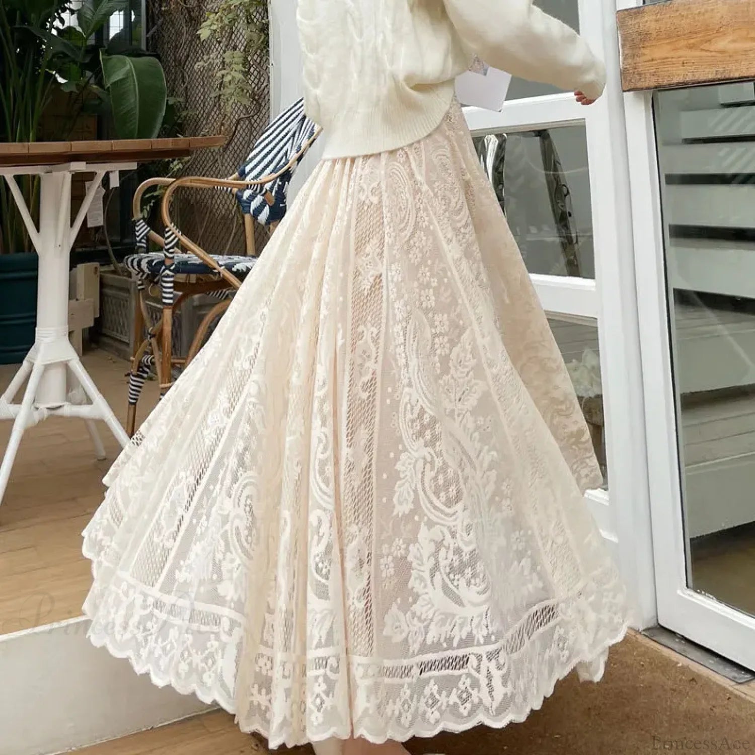 Y2K Women’s Lace Crochet Umbrella Long Skirt Bohemian High Waist skirt-250126